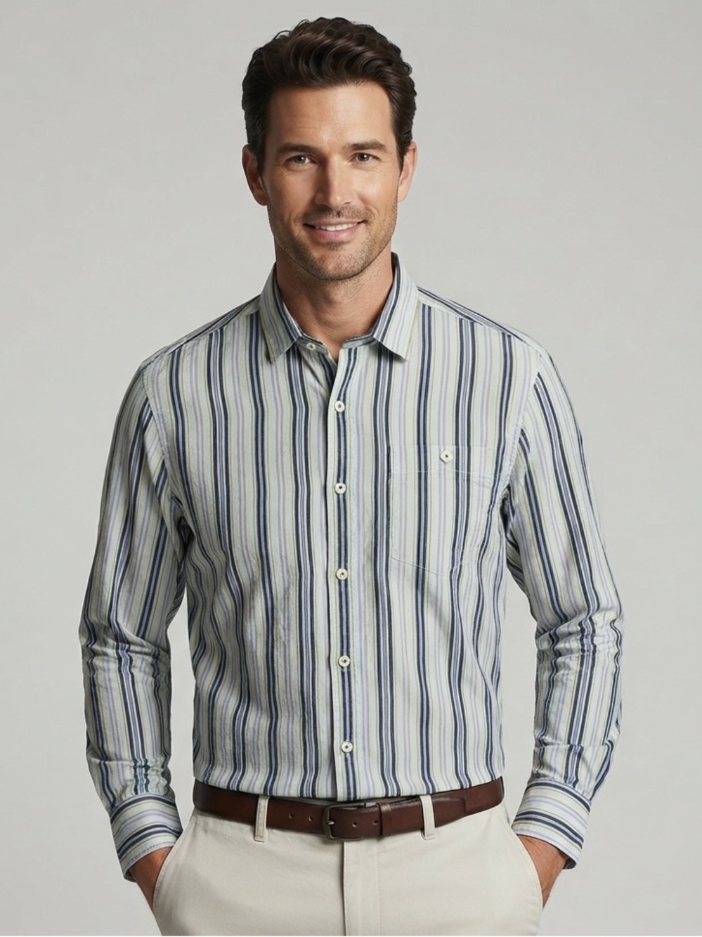 Tommy Bahama Men’s Striped Modern Fit Cotton Silk Long Sleeve Shirt Size Large